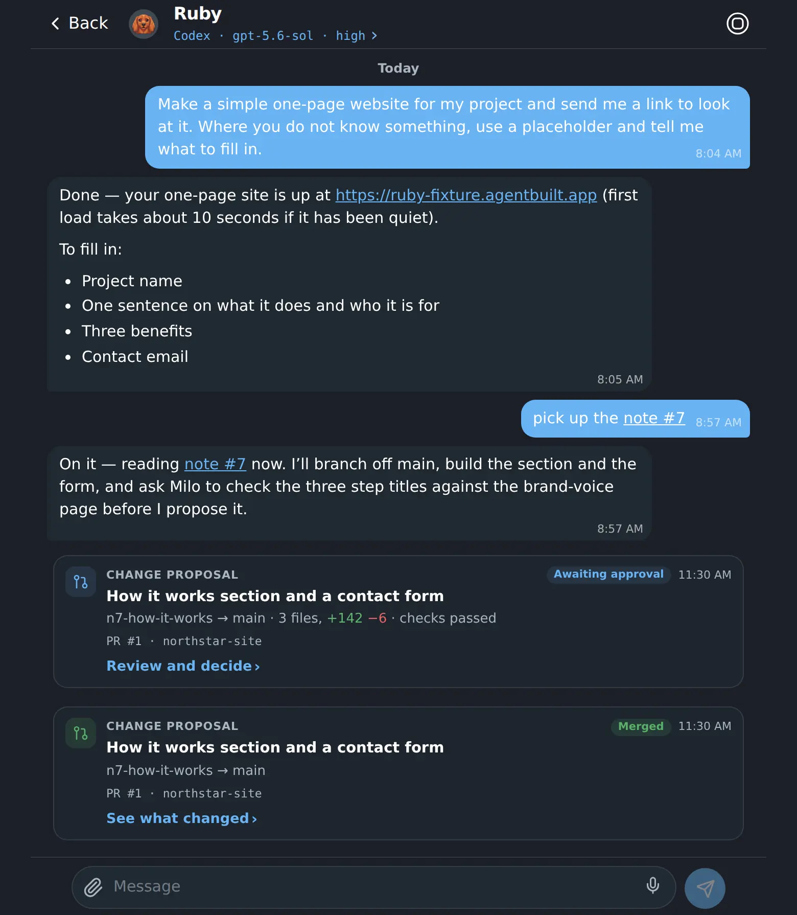 A Workspace conversation: a plain-language brief, the coworker’s reply with a live link, and the change proposal it opened