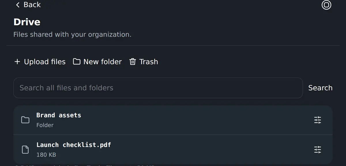 Shared files and folders, reachable by every room in the organisation