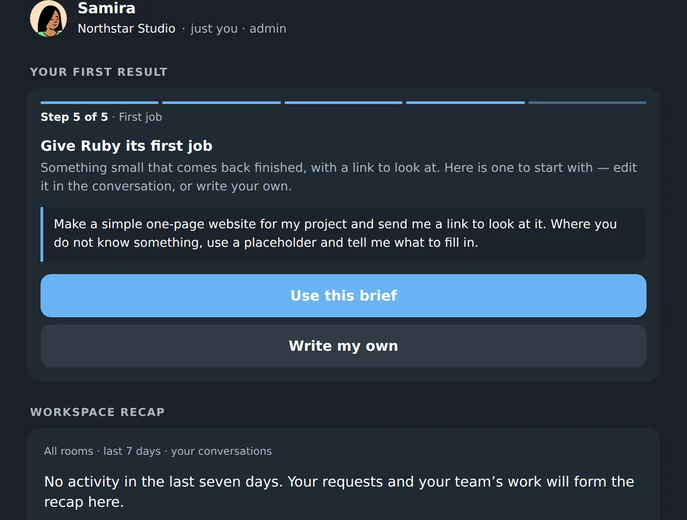 The first-result guide offering a ready-made first brief, with the option to write your own