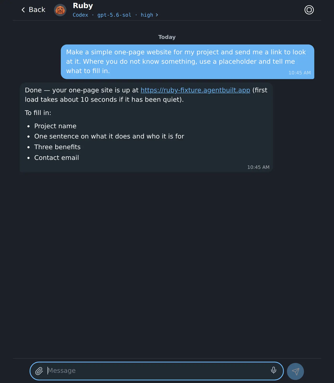 A first coworker’s reply: the site is live, with the link and the list of things it still needs