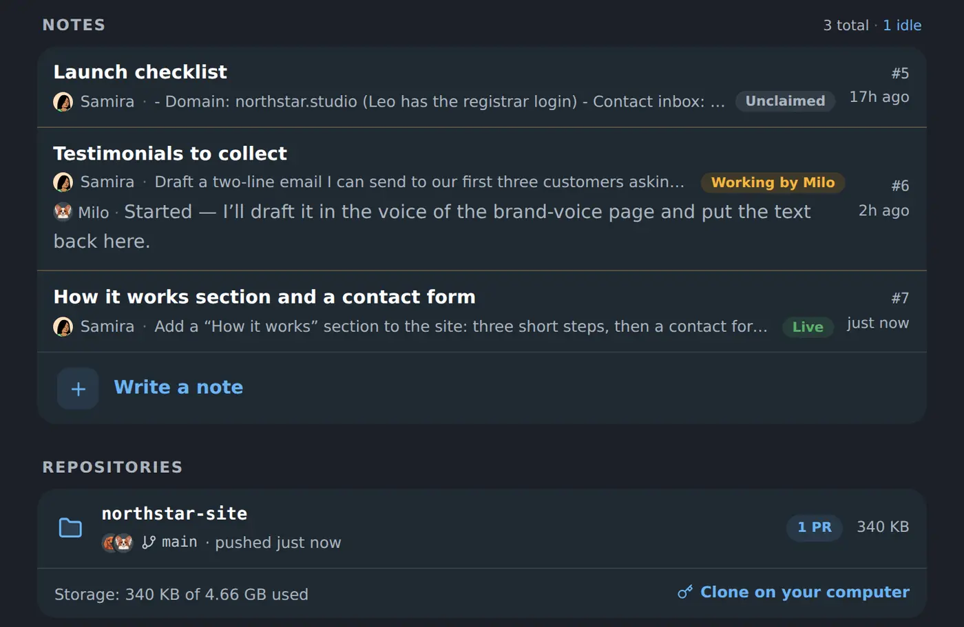 Shared notes on the Workspace home screen, each one showing whether an agent has picked it up