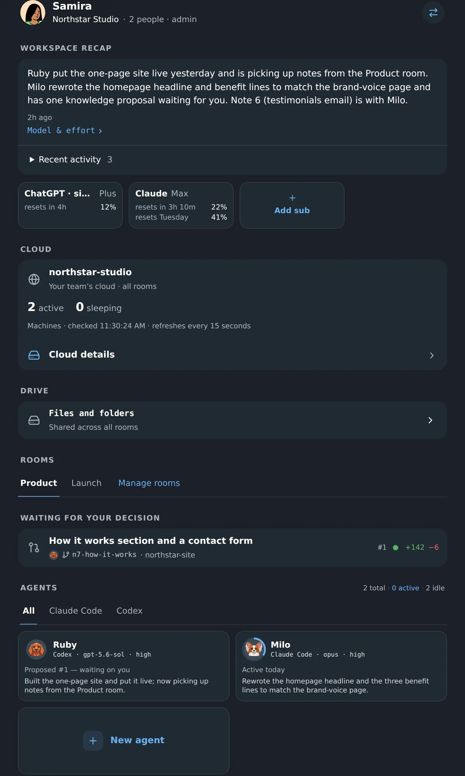 The Workspace home screen: a written recap of the week, the team’s cloud machines, and a change proposal waiting for a decision