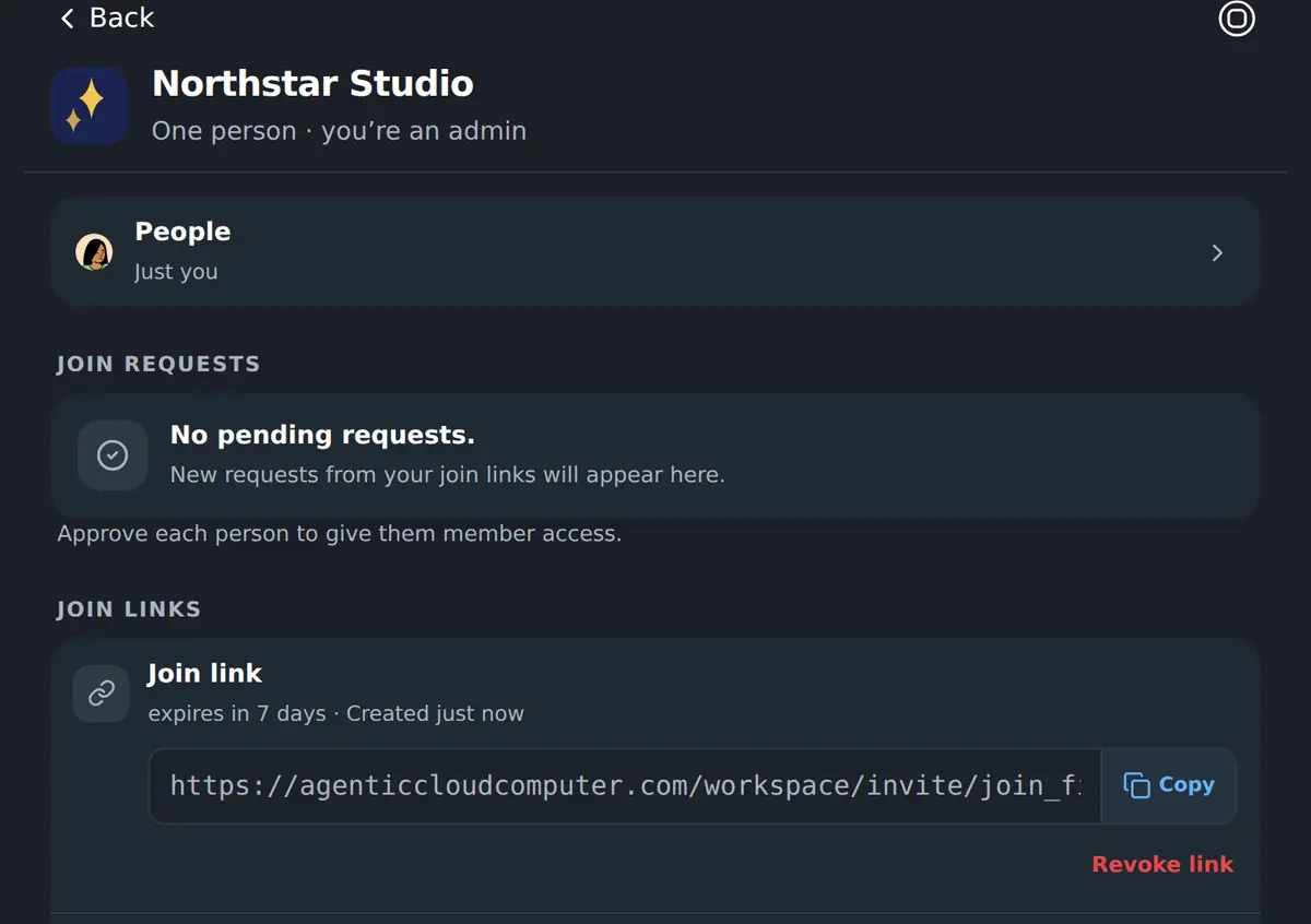 A join link for a teammate, valid for seven days and revocable at any time