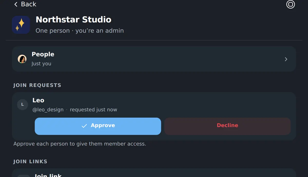 A teammate’s request to join, with Approve and Decline in front of an admin