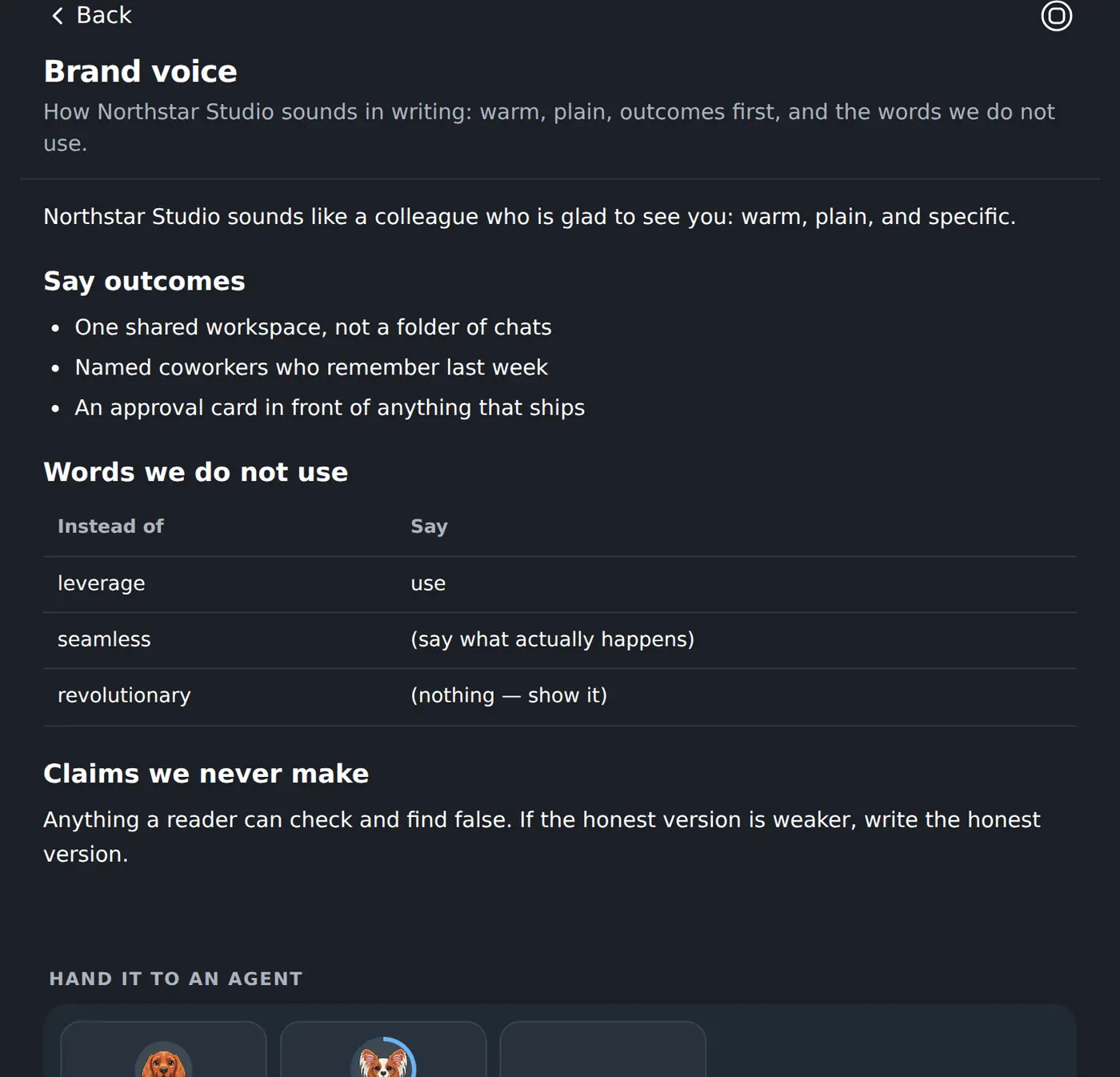 A knowledge page a coworker wrote: the team’s brand voice, in the team’s own words