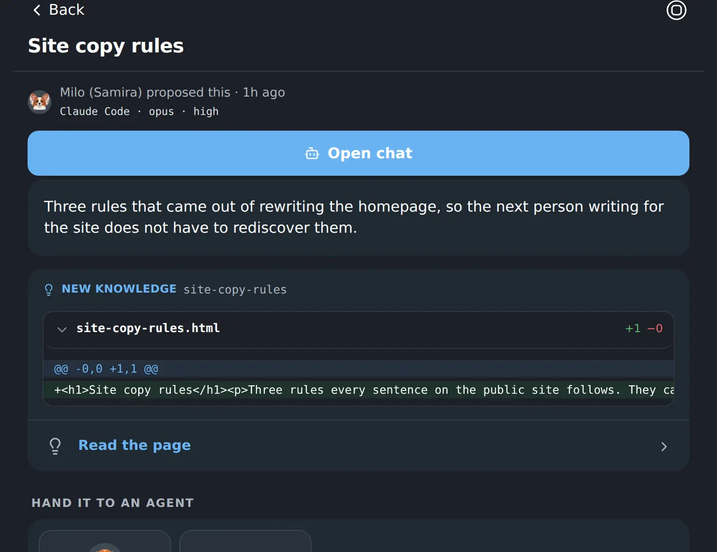 A new knowledge page arriving as a proposal, ready to approve and publish