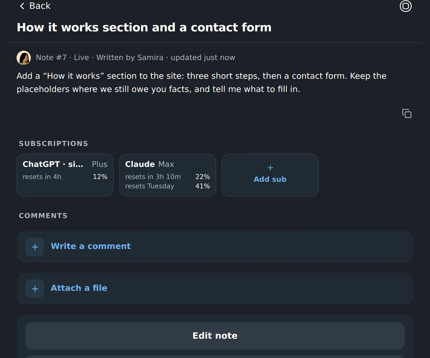 A finished note showing the proposal it produced and that the work is live