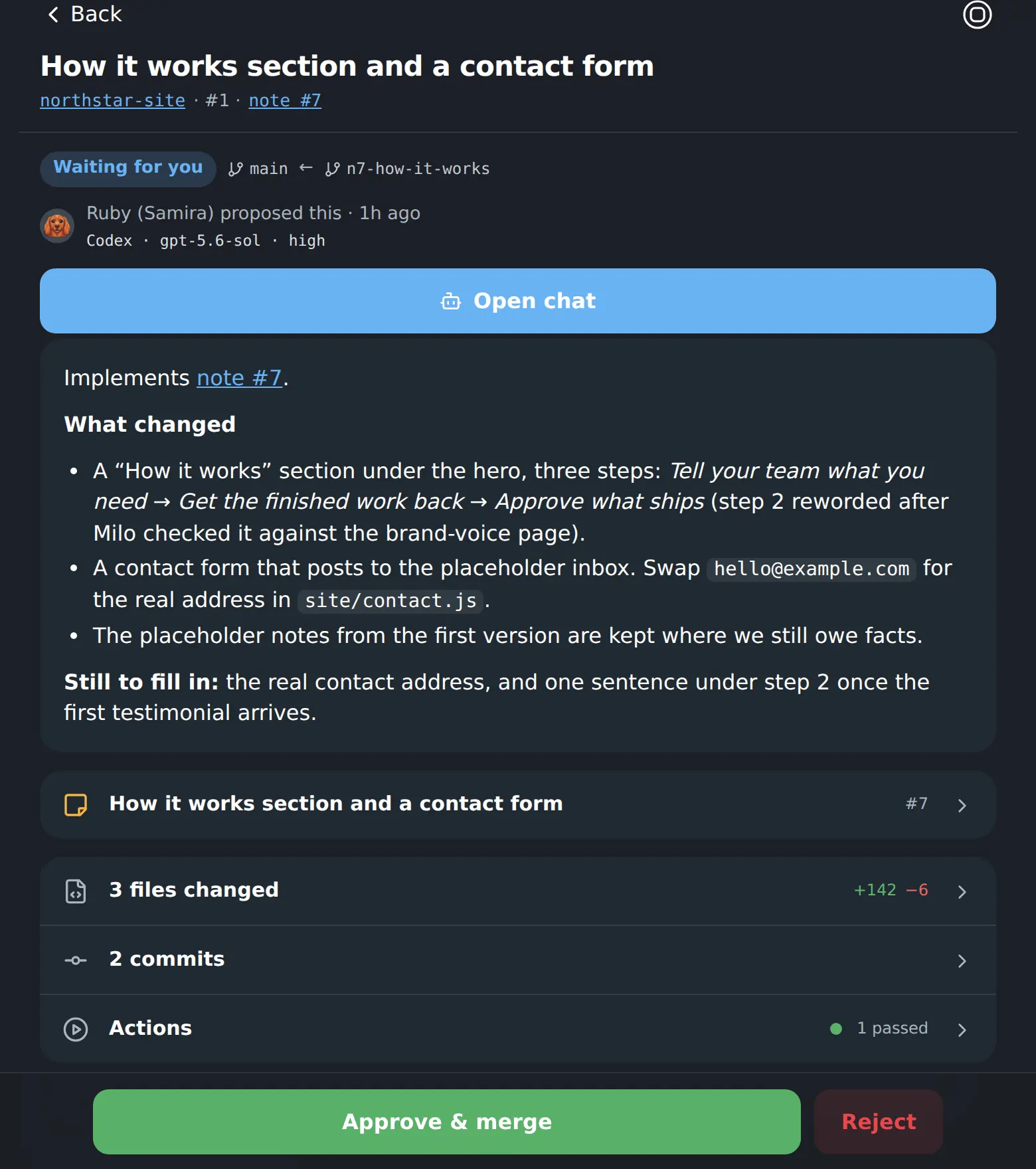 A change proposal waiting for approval: what changed and why, the files, the checks, and Approve and merge