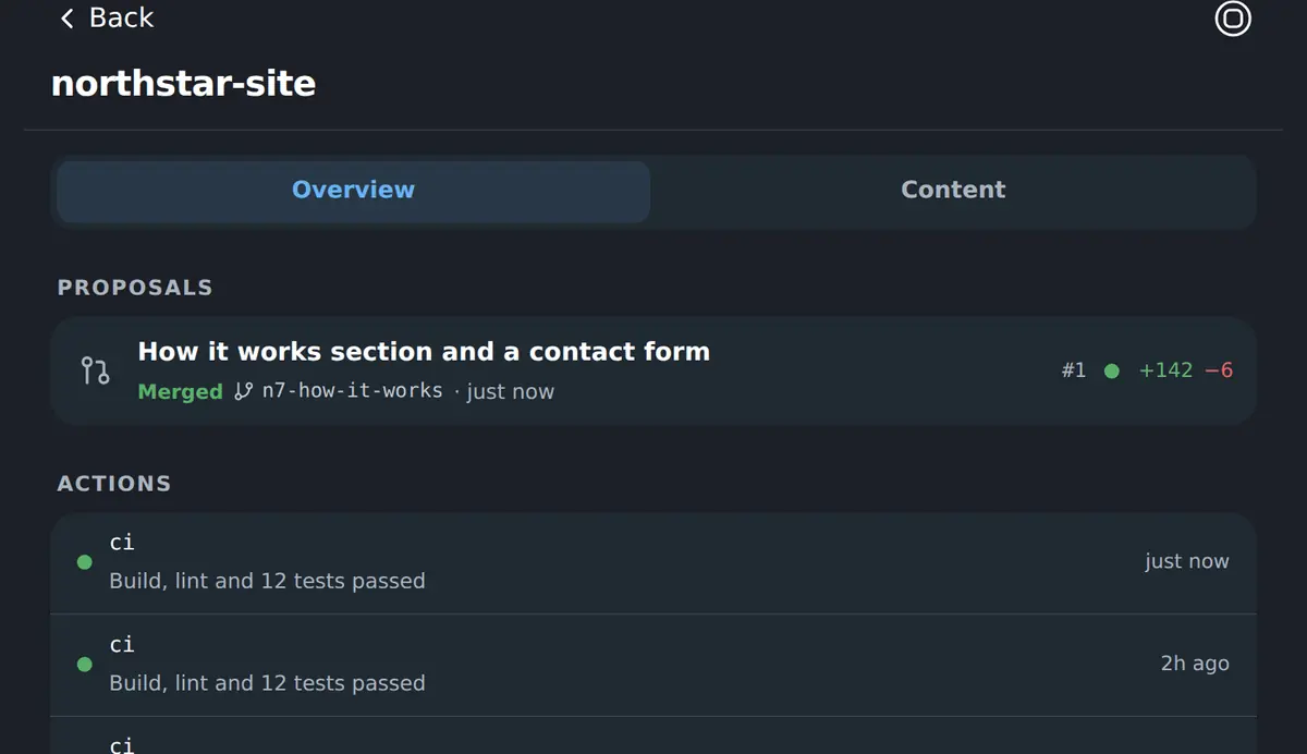 A repository in the Workspace, with its proposals and the branch history behind them